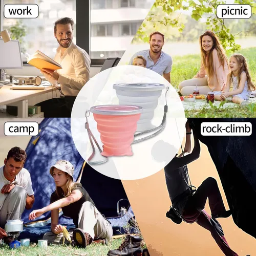 Miniatura 4 de Vasos plegables, de silicona, plegable, para viaje, expandible, con tapas, reutilizables, pequeñas, portátiles, para viajes, campamento, senderismo