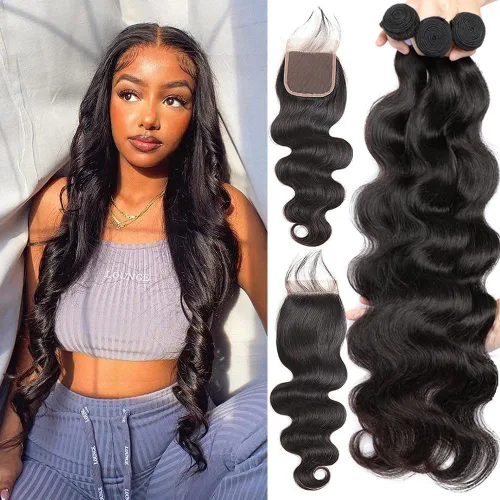 Miniatura 7 de Paquetes con extensiones de cabello ondulado con cierre (10 12 14+10, parte libre) cierre de encaje 4×4 con 3 paquetes 100% cabello humano virgen