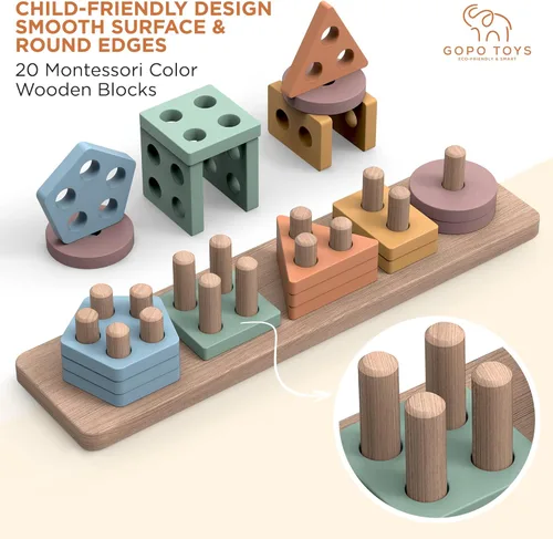 Miniatura 2 de GOPO TOYS Juguetes Montessori para niños de 1 año - Clasificador de formas de madera y rompecabezas apilables - Aprendizaje de niños pequeños