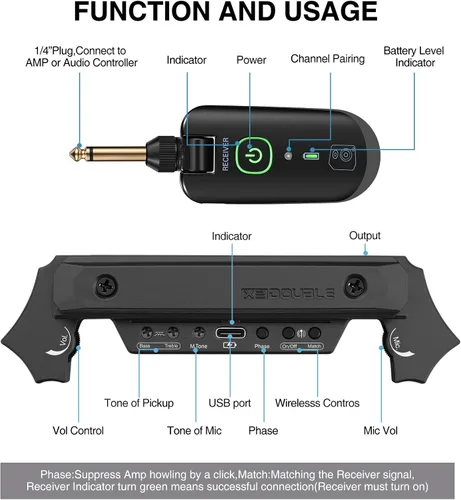 Miniatura 2 de Pastilla inalámbrica para guitarra acústica magnética recargable y micrófono pastilla de boca de sonido para guitarra acústica con control de Negro