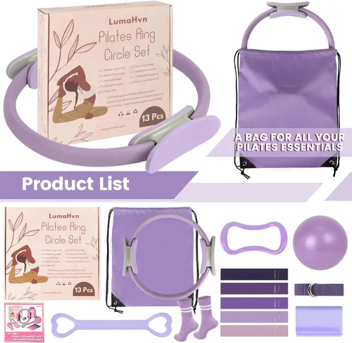 Miniatura 9 de Kit esencial de anillo de pilates para mujer, equipo de entrenamiento en casa con pelota de 9.8 pulgadas, bandas de resistencia, círculo mágico