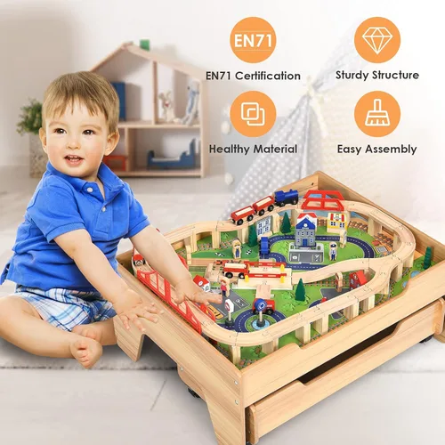 Miniatura 9 de OLAKIDS Mesa de tren, 100 piezas de madera para niños, juego de mesa de actividades con cajón de almacenamiento, pistas de ferrocarril multicolor