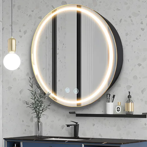 Miniatura 13 de Botiquín redondo de 20 pulgadas con luces, botiquín LED con desempañador, armario con espejo iluminado para baño, regulable, antivaho, 3