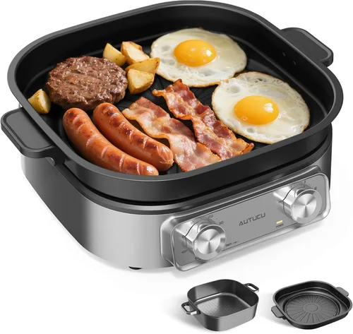 Sartén eléctrica de 6 cuartos con parrilla | Olla antiadherente con revestimiento cerámico libre de PFOA, 1600W, temporizador y 3 configuraciones de