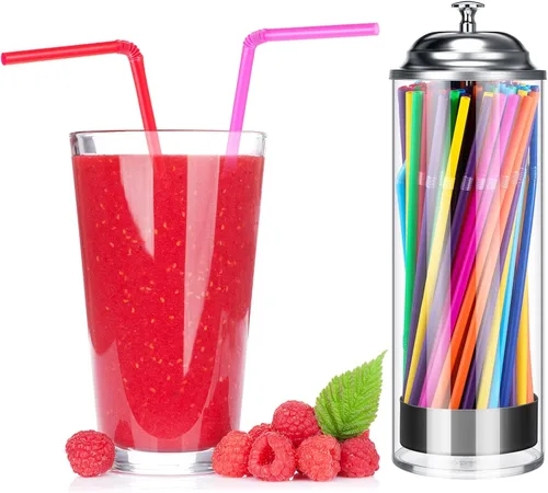 Miniatura 6 de Patelai Dispensador de popotes y 100 popotes de plástico para beber, organizador con tapa, dispensador de pajitas transparentes para mostrador