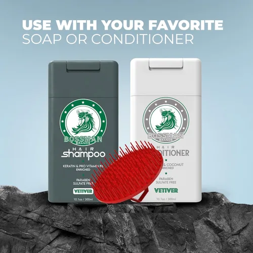 Miniatura 7 de Bossman Masajeador y cepillo de champú para cuero cabelludo (3 pulgadas, rojo) - Cepillo exfoliante para cuero cabelludo - Limpiador de cabeza