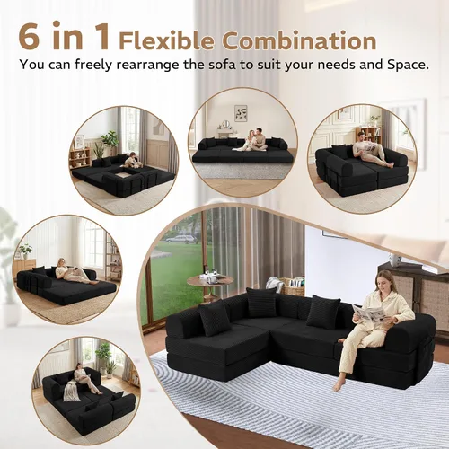 Miniatura 3 de Sofá cama modular en forma de U de 141.73 pulgadas, sofá de pana modular 6 en 1 con sensación suave como una nube, bolsa de almacenamiento