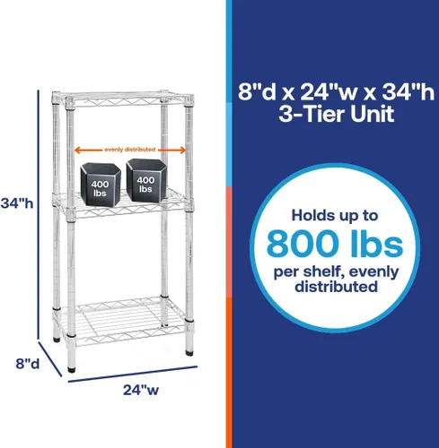 Miniatura 2 de Shelving Inc. Estantería de alambre cromado de 8 pulgadas de profundidad x 24 pulgadas de ancho con estantes de 3 niveles, capacidad de peso de 800