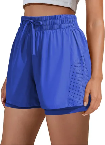 PINSPARK Pantalones cortos deportivos 2 en 1 para mujer, pantalones cortos de entrenamiento de cintura alta, para correr, gimnasio, secado rápido,
