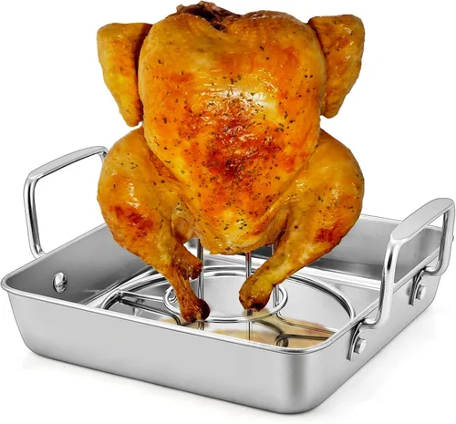 P&P CHEF Soporte para latas de cerveza con sartén para asar, juego de sartén cuadrada de acero inoxidable de 9 pulgadas y parrilla para pollo para