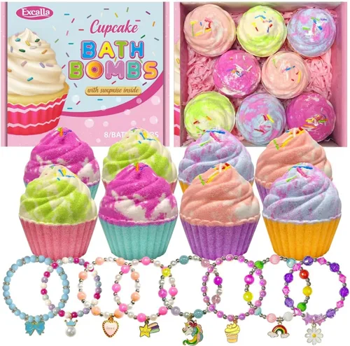 Miniatura 8 de Bombas de baño para niños con joyas sorpresa en el interior, juego de regalo de 8 bombas de baño de cupcakes para niñas, bolas efervescentes hechas