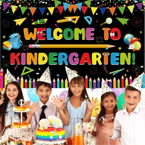 Miniatura 2 de Fondo de fiesta para el primer día de escuela de jardín de infantes, colorido cartel de bienvenida al jardín de infantes, primer día de preescolar