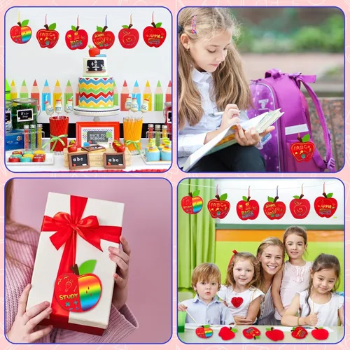 Miniatura 7 de JULMELON Paquete de 36 tarjetas para rascar con diseño de manzanas para el regreso a clases, tarjetas para rascar arcoíris con cintas de lápiz