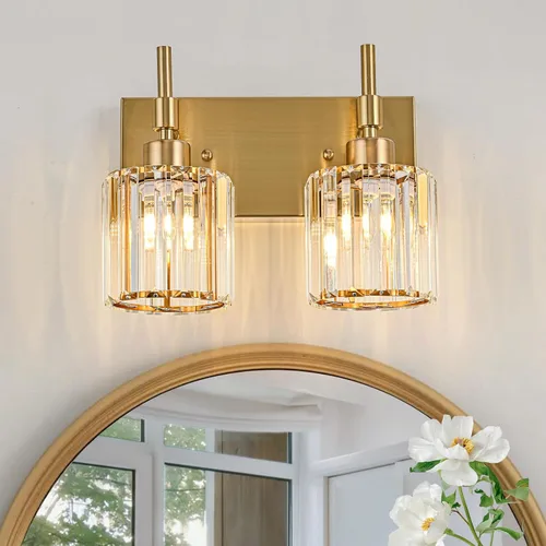 Miniatura 7 de Lámparas de baño doradas, 2 lámparas de tocador de cristal para baño, luces modernas de latón sobre espejo
