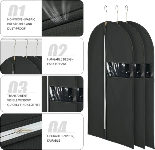 Miniatura 3 de Paquete de 6 bolsas de ropa de 24 x 40 pulgadas para almacenamiento de tela no tejida, bolsas de vestir negras para colgar ropa, bolsas de traje