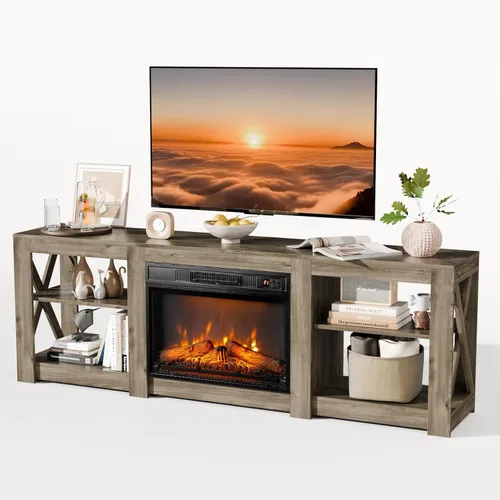 Miniatura 9 de Bonnlo Soporte de TV con chimenea para televisores de hasta 80 pulgadas, centro de entretenimiento rústico con calentador eléctrico y estantes Roble