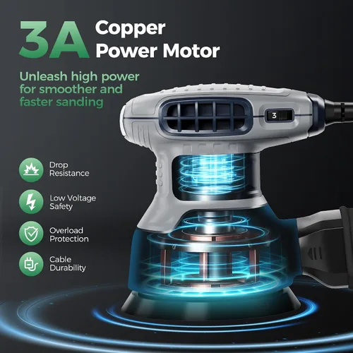 Miniatura 8 de Lijadora orbital aleatoria de 5 pulgadas con freno, lijadora de palma eléctrica de 3.0 amperios, 6 velocidades variables, lijadora eléctrica