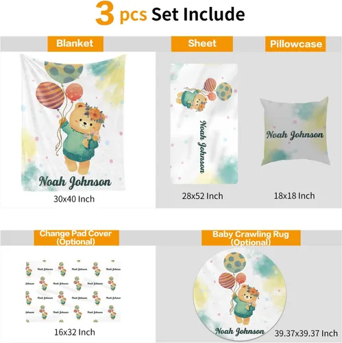 Miniatura 7 de Juego de ropa de cuna personalizado Duckbe - Diseño de oso con nombre personalizado para guardería de bebé, juego de 3 piezas - Manta suave