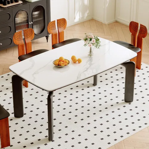 Miniatura 10 de Mesa de comedor, mesa de cocina de piedra sinterizada, mesa rectangular moderna de pizarra blanca de 55 pulgadas con patas de metal, mesa de comedor