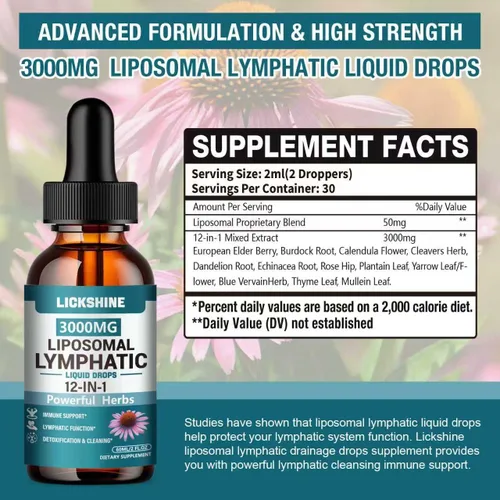 Miniatura 2 de 1 paquete de gotas de drenaje linfático liposomal de 3000 mg, 12 en 1 suplementos de drenaje linfático orgánico con bayas de saúco, raíz de bardana