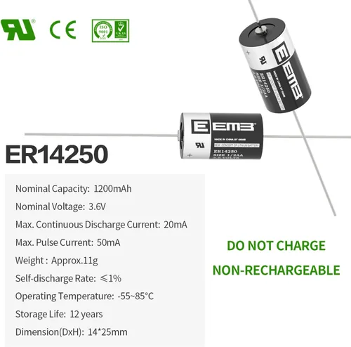 Miniatura 2 de EEMB Paquete de 50 baterías de litio ER14250 1/2AA 3.6V con pestañas de soldadura AX Li-SOCL₂ Batería no recargable XL-050F SB-AA02 LS14250 TL-5902