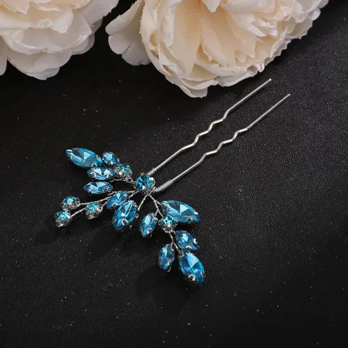 Miniatura 2 de Teyglen Juego de 3 horquillas para el cabello con diamantes de imitación, hechas a mano con cristales para novias, mujeres, niñas (azul lago)