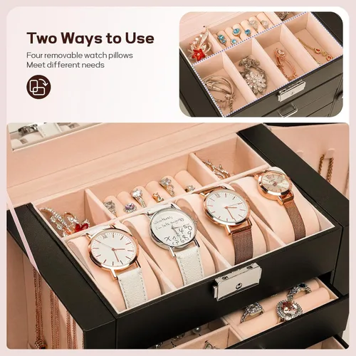 Miniatura 4 de Homde Caja de joyería enorme de cuero sintético Organizador de reloj con espejo Collar Anillo Pendiente Almacenamiento Caja de regalo con cerradura