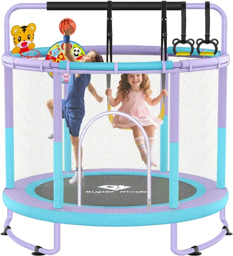 Miniatura 13 de Trampolín de 55 pulgadas para interiores y exteriores para niños con recinto, trampolín para niños pequeños con barra de gimnasia ajustable y Azul