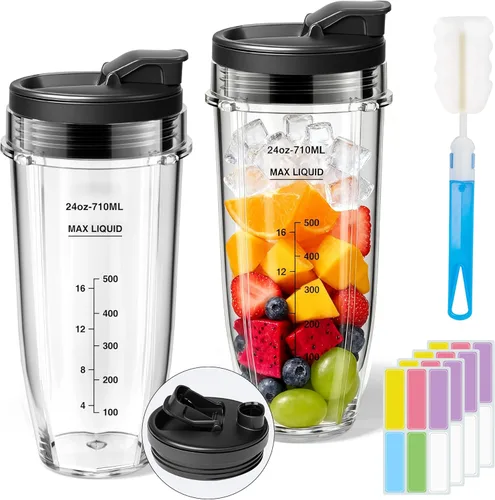 ENVTEK Vasos de repuesto para licuadora de 24 onzas para Ninja, paquete de 2, tapas a prueba de fugas, etiquetas impermeables para escribir (24
