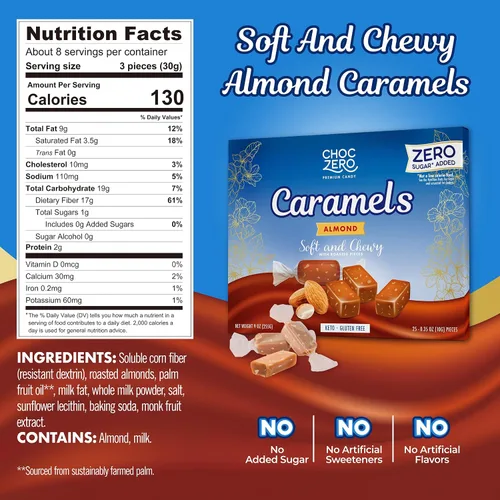 Miniatura 2 de ChocZero Caramelos de Almendra Sin Azúcar, Blandos y Masticables con Almendras Tostadas, Dulce Keto, Todo Natural, Snack Bajo en Carbohidratos