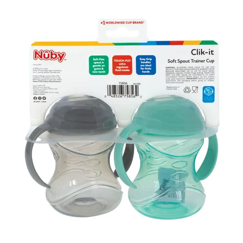 Miniatura 7 de Nuby Clik-It - Vaso para beber de entrenamiento sin derrames con asas, paquete de 2, 10 onzas, más de 4 meses, color aguamarina/rojo/naranja