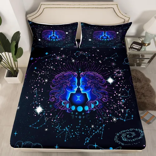 Miniatura 12 de Erosebridal Aries - Sábanas bajeras de nebulosa hippie tamaño individual, sábanas psicodélicas de astrología del zodiaco psicodélico, funda de cama