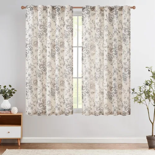 Miniatura 47 de Jinchan Cortinas de Mezcla de Lino con Estampado Floral para Sala de Estar, 84 Pulgadas de Largo, Cortinas con Bolsillo para Varilla y Tab Trasera