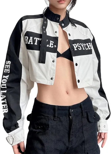 Aelfric Eden Chaqueta corta de motocicleta para mujer, diseño de letras vintage, casual, estampado gráfico, bloques de color, abrigos universitarios