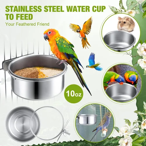 Miniatura 3 de Sabary Paquete de 6 cuencos de alimentación para pájaros, platos de agua de acero inoxidable con abrazadera de 10 onzas, comedero de agua