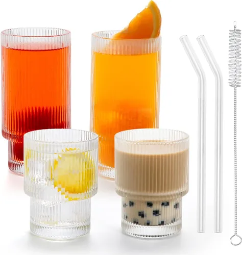 Vasos acanalados para beber, estilo origami, juego de 4, cristalería vintage ondulada para cóctel, café, refrescos, jugo, cerveza