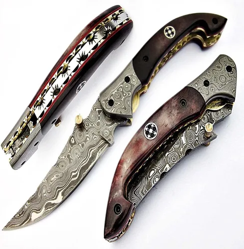 FZ 01 Cuchillo de bolsillo de Damasco hecho a mano para hombres Cuchillo plegable con bloqueo de forro Cuchillo de bushcraft para pesca Camping
