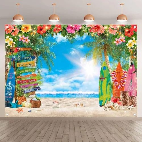 Fondo de fotografía de playa hawaiana de verano de 7 x 5 pies, flores tropicales, hojas de palma, fondo de tabla de surf para Luau Aloha decoración