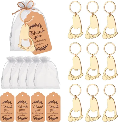 50 piezas de abrebotellas de huellas, recuerdos de baby shower para bebé invitado con llavero y bolsas de organza (dorado)