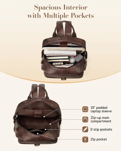 Miniatura 4 de Missnine Mochila de cuero para mujer, mochila antirrobo, bolsa de hombro convertible con cremalleras seguras para viajes y trabajo, Café, Vintage