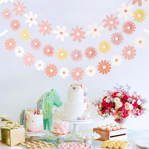 Miniatura 3 de Paquete de 3 pancartas de margaritas rosadas, decoraciones únicas de margaritas florales, guirnalda de margaritas florales, decoración de papel