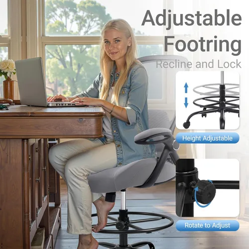 Miniatura 8 de HYLONE Silla de dibujo resistente de 400 libras, asiento grueso de 5 pulgadas, silla de oficina con reposabrazos abatibles, silla ergonómica alta