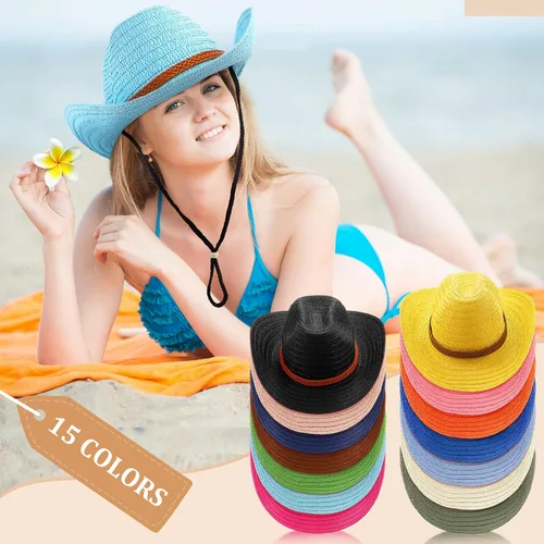 Miniatura 5 de Suhine 15 sombreros de vaquero de paja para hombres y mujeres, coloridos sombreros de fiesta occidental a granel, protección solar a granel, vaquera