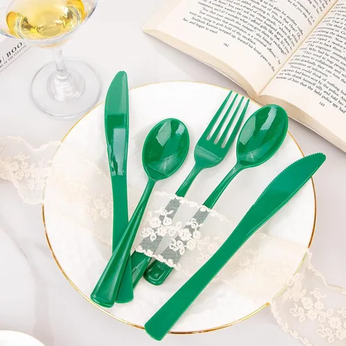 Miniatura 7 de WDF 160 cubiertos de plástico verde, cubiertos resistentes que incluyen 80 tenedores, 40 cucharas, 40 cuchillos, utensilios de plástico verde