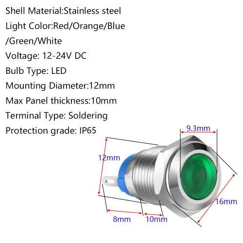 Miniatura 4 de Gebildet 5 unids 0.472 in AC/DC 12-24V Acero inoxidable impermeable LED Indicador Luz Metal Shell piloto personalizado Dash señal lámpara cabeza