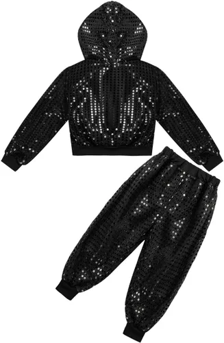 Miniatura 4 de inhzoy Conjunto de lentejuelas para niña, danza callejera, hip hop, danza, rendimiento, con capucha y pantalones de harén