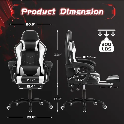 Miniatura 3 de Shahoo Silla de juegos con reposapiés y soporte lumbar de masaje, sillas ergonómicas para computadora giratorias de 360° y asiento ajustable