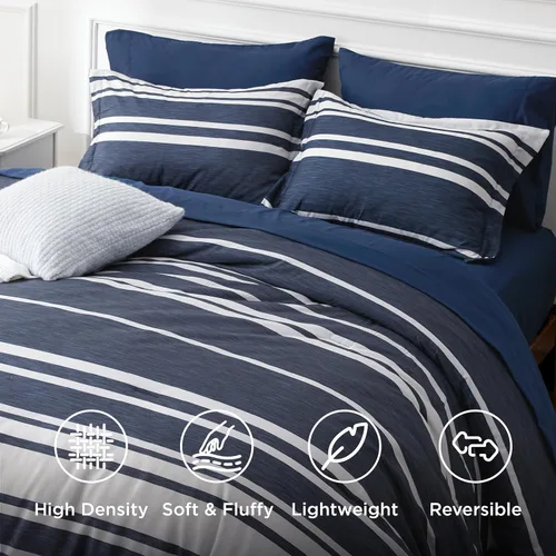 Miniatura 4 de Bedsure Juego de ropa de cama con edredón tamaño individual de 5 piezas, juego de ropa de cama a rayas azules para todas las estaciones, reversible