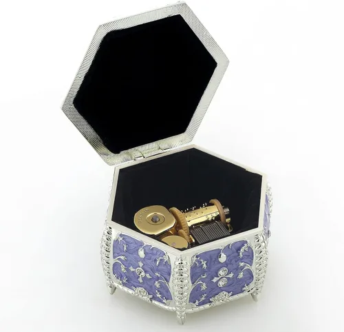 Miniatura 25 de ROSIKING Caja de música de aleación de metal en relieve en forma de corazón azul, caja musical antigua para joyería con cuerda, regalos
