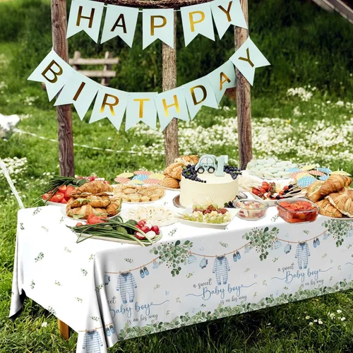Miniatura 4 de Paquete de 3 manteles decorativos para baby shower, acuarela Greenery A Sweet Baby Boy Is On The Way Baby Shower, mantel impermeable para baby